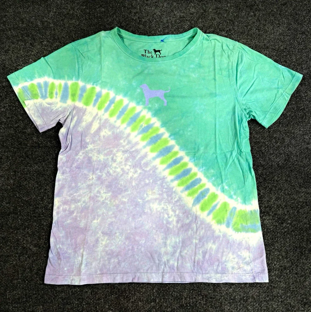 The Black Dog Womens Small Tie Dye T Shirt Green Purple 100% Cotton Logo Tee